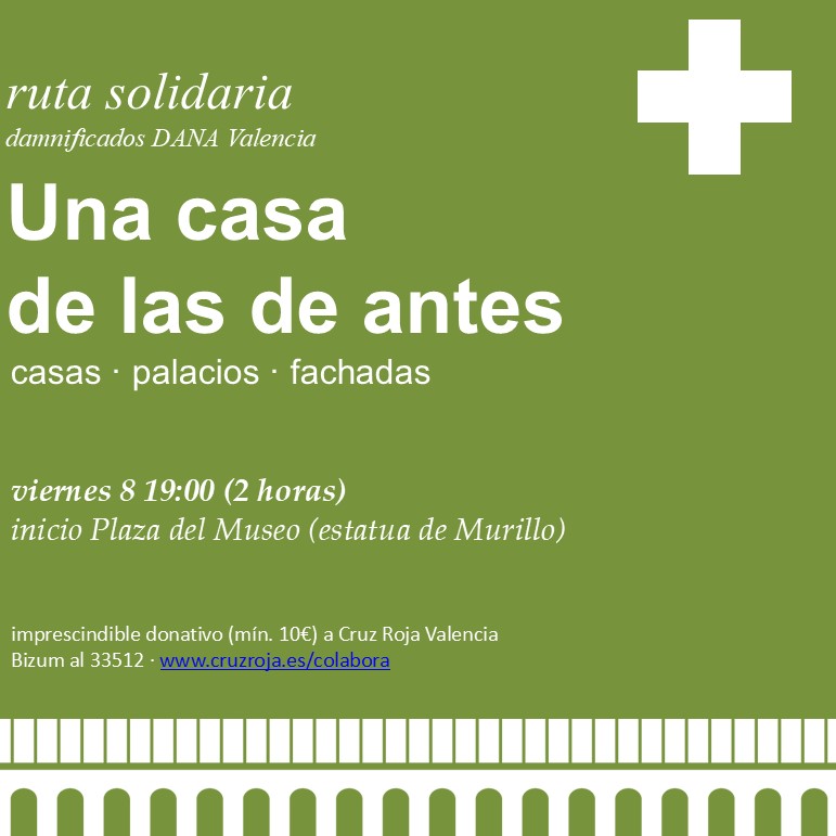 El viernes 8 a las 19h haré una visita solidaria para los damnificados de la DANA en Valencia. Daremos un paseo viendo algunas de las casas y palacios hechos en las primeras décadas del XX. 

Os podéis apuntar aquí:
docs.google.com/forms/d/e/1FAI…