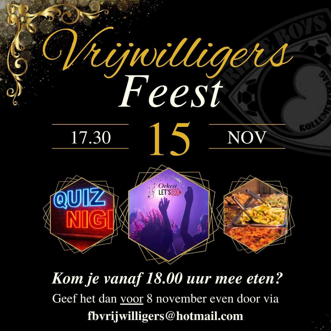 𝗨𝗶𝘁𝗻𝗼𝗱𝗶𝗴𝗶𝗻𝗴 𝗩𝗿𝗶𝗷𝘄𝗶𝗹𝗹𝗶𝗴𝗲𝗿𝘀𝗮𝘃𝗼𝗻𝗱

Vrijwilligersavond van 15 november a.s. (vanaf 17.30 uur) Ook de partners van onze vrijwilligers zijn van harte welkom. Wil je mee-eten? Meld je dan vóór 8 november aan via fbvrijwilligers@hotmail.com