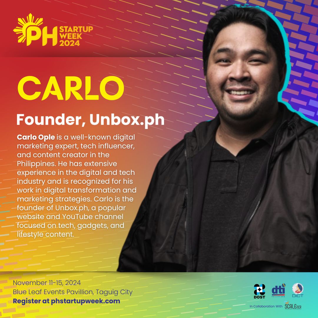 ideaspacevc's tweet photo. Meet @carloople, founder of @unboxPH, a popular platform focusing on tech, gadgets, and lifestyle content. Carlo's work spans across digital transformation, strategic marketing, and content creation, making him a sought-after speaker in tech circles. Catch him at #PHSW24! https://t.co/oBBL3LWZ3B