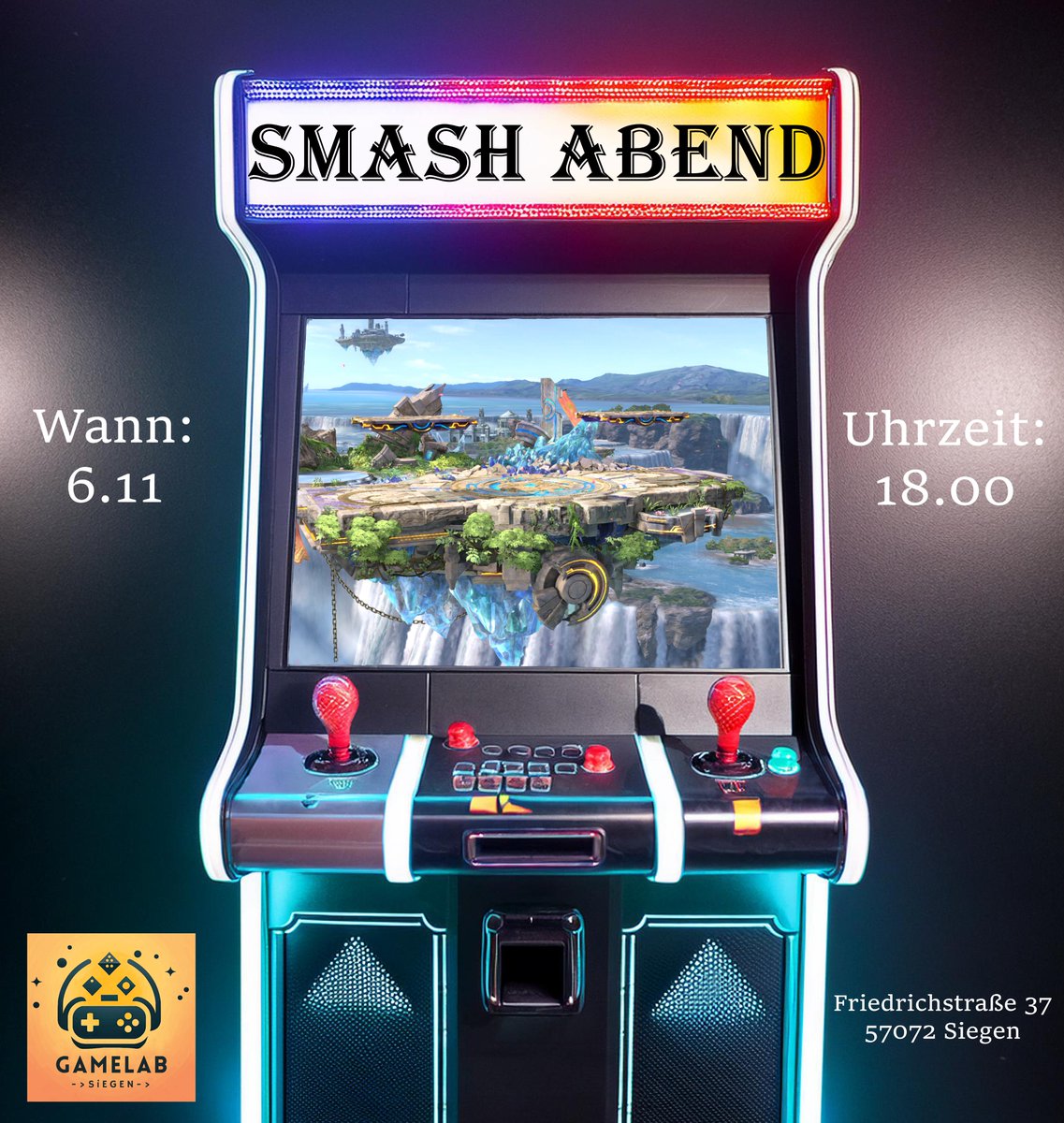 🎮 Smash-Abend in Siegen! 🎮

Am 6.11. um 18:00 im Gamelab (Friedrichstraße 27)! Ob Anfänger oder Pro – komm vorbei, zeig dein Können und hab Spaß mit der Community! 🔥✨ #SmashAbend #SiegenGaming #Gamelab
