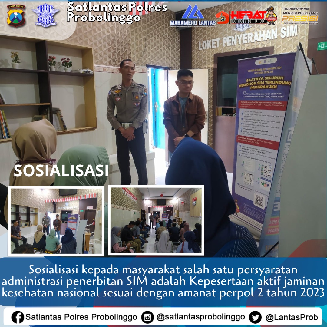 LantasProb's tweet image. Sosialisasi kepada pemohon SIM tentang salah satu persyaratan administrasi penerbitan SIM yakni kepesertaan aktif jaminan kesehatan nasional sesuai dengan amanat Perpol No 2 Tahun 2023
#ditlantaspoldajatim
@NTMCLantasPolri
@RTMCJatim 
@HumasPoldaJatim 
@infoprobolinggo