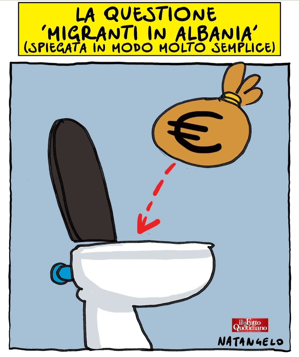 NatangeloM's tweet image. Spiegata facilissimo - la mia vignetta per Il Fatto Quotidiano oggi in edicola! 

#migranti #albania #vignetta #fumetto #memeitaliani #umorismo #satira #humor #natangelo