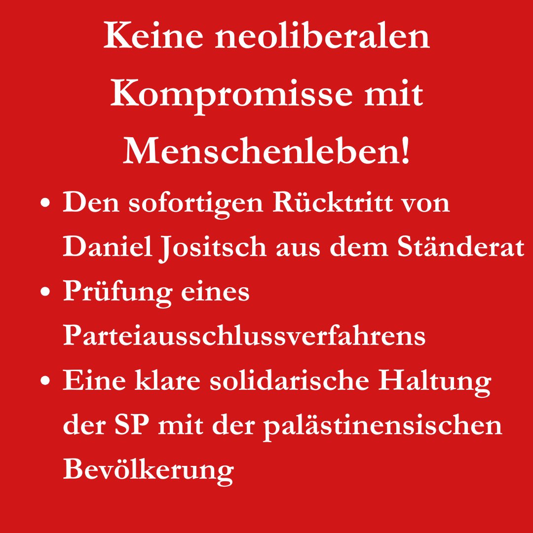 Dani tritt endlich zurück!
Wir dulden keine SP Parlamentarier*innen, die Genozid rechtfertigen und Palästinenser*innen dem Tod überlassen wollen!

juso.org/medienmitteilu…