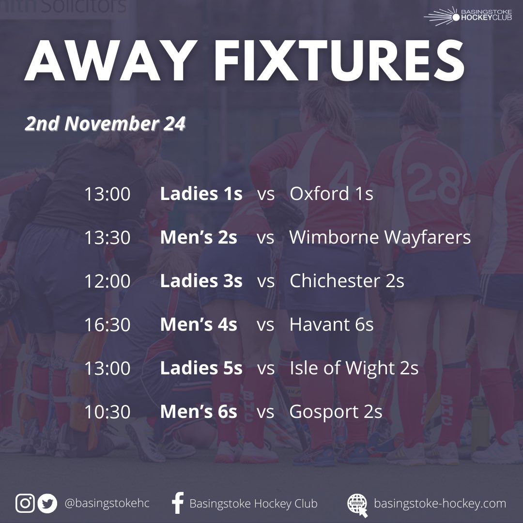 Basingstoke Hockey (@basingstokehc) on Twitter photo FIXTURES - 2nd November✨
After our half term back, league hockey is back again this Saturday!
Good luck everyone🙌
<a href="/KJSSolicitors/">K J Smith Solicitors</a> <a href="/SouthCentralHo2/">South Central Hockey</a> <a href="/swsportsnews/">South West Sports News</a> FIXTURES - 2nd November✨
After our half term back, league hockey is back again this Saturday!
Good luck everyone🙌
<a href="/KJSSolicitors/">K J Smith Solicitors</a> <a href="/SouthCentralHo2/">South Central Hockey</a> <a href="/swsportsnews/">South West Sports News</a>