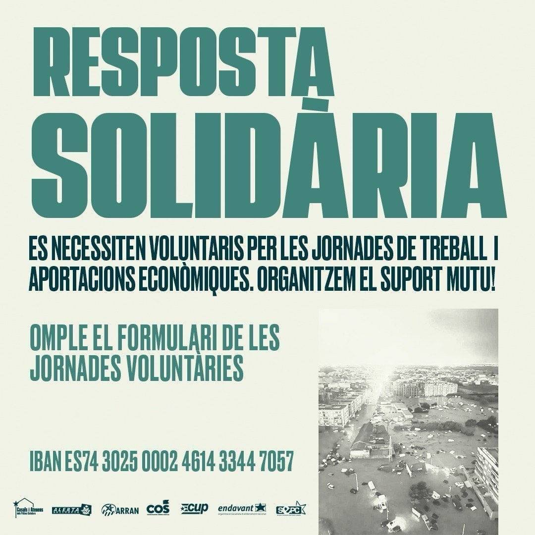 COSnacional's tweet photo. 𝙎𝙊𝙇𝙎 𝙀𝙇 𝙋𝙊𝘽𝙇𝙀 𝙎𝘼𝙇𝙑𝘼 𝘼𝙇 𝙋��𝘽𝙇𝙀

✊🏽🧹🪣 Davant dels gravíssims fets ocorreguts al País Valencià, des de l'Esquerra Independentista i la Xarxa de @CasalsiAteneus dels Països Catalans, ajudem a organitzar la resposta popular.

#DANA #PaísValencià https://t.co/wjMKnUy7Oy