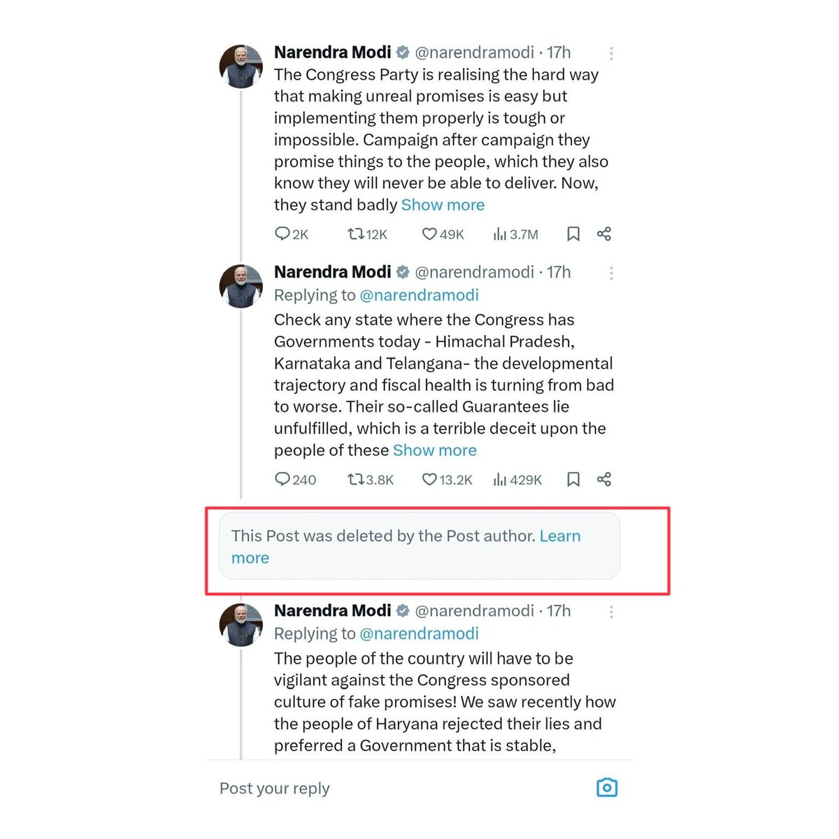 Dr. Shama Mohamed (@drshamamohd) on Twitter photo PM <a href="/narendramodi/">Narendra Modi</a> has demeaned the Prime Minister’s office by posting false information on his official handle and then silently deleting it. 
Why? What’s the need to lie? PM <a href="/narendramodi/">Narendra Modi</a> has demeaned the Prime Minister’s office by posting false information on his official handle and then silently deleting it. 
Why? What’s the need to lie?