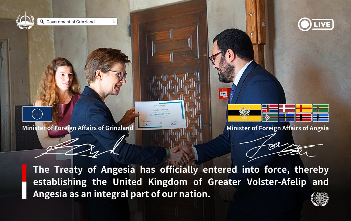 united_0815's tweet photo. 🤝 In accordance with the final negotiations, the foreign ministers of both parties have formally signed the Treaty of Angesia, officially uniting the United Kingdom of Greater Volster-Afelip and Angesia with our nation into a single micronation!

#Micronation | #GISELLE | #sldk https://t.co/te1AARGzVY