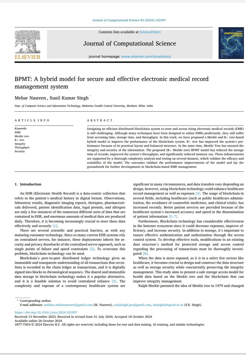 Pleased to share our Blockchain based work for effective health record management system published in an SCIE indexed journal. The link: kwnsfk27.r.eu-west-1.awstrack.me/L0/https:%2F%2…
Many thanks to Hon'ble VC <a href="/sanjaychanakya/">Sanjay Srivastava</a> and <a href="/MGCUBihar/">Mahatma Gandhi Central University</a> for providing all the necessary supports. <a href="/blockchain/">Blockchain</a>