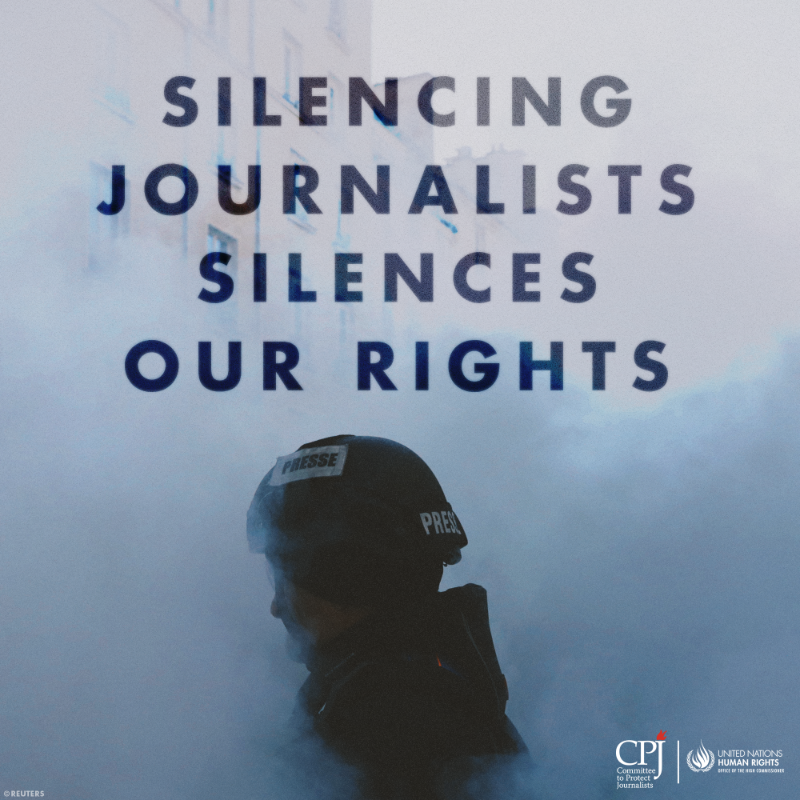 UNHumanRights's tweet photo. On Int'l Day to #EndImpunity for Crimes Against Journalists, OHCHR &amp; CPJ @pressfreedom call for stronger laws, accountability and support systems to protect #pressfreedom. 

We must stand with those who risk it all to report the truth.

#ProtectJournalists