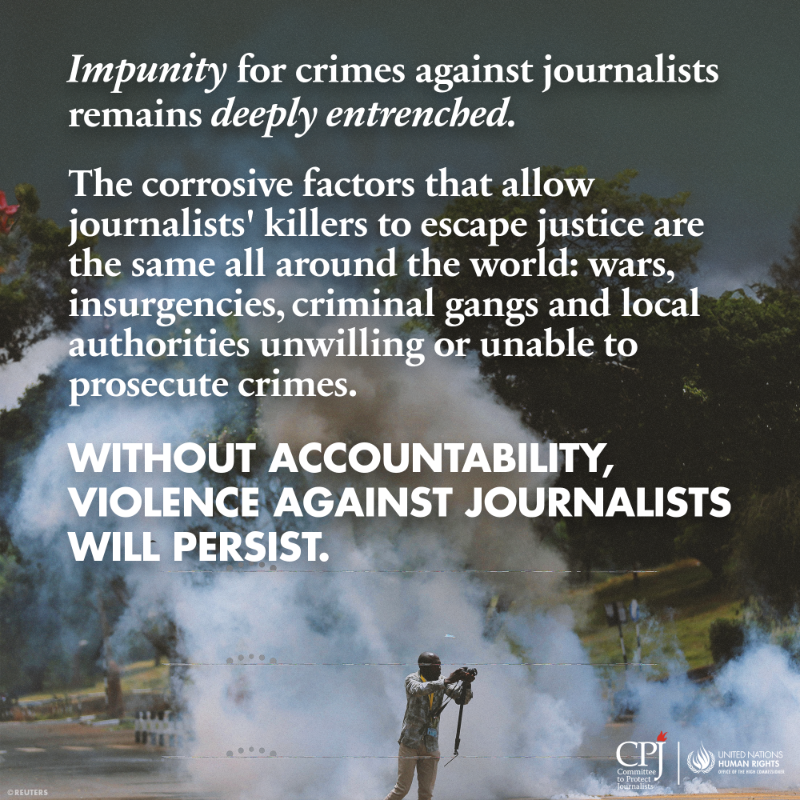 UNHumanRights's tweet photo. On Int'l Day to #EndImpunity for Crimes Against Journalists, OHCHR &amp; CPJ @pressfreedom call for stronger laws, accountability and support systems to protect #pressfreedom. 

We must stand with those who risk it all to report the truth.

#ProtectJournalists