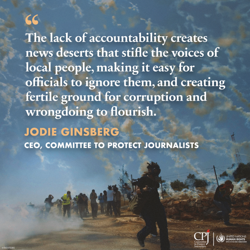 UNHumanRights's tweet photo. On Int'l Day to #EndImpunity for Crimes Against Journalists, OHCHR &amp; CPJ @pressfreedom call for stronger laws, accountability and support systems to protect #pressfreedom. 

We must stand with those who risk it all to report the truth.

#ProtectJournalists