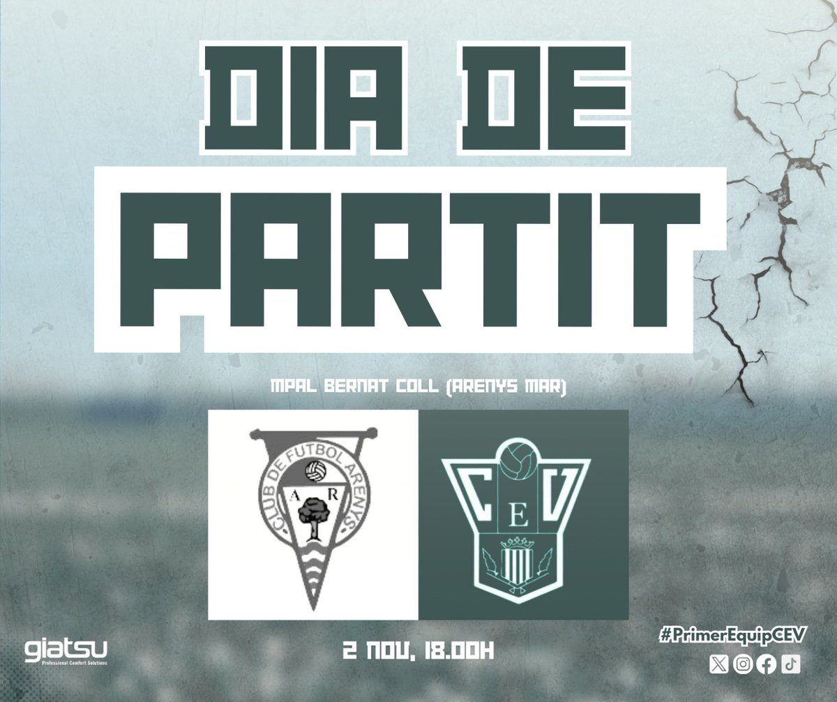 CE Vilassar - Giatsu (@ce_vilassar) on Twitter photo 🔥 𝐃𝐈𝐀 𝐃𝐄 𝐏𝐀𝐑𝐓𝐈𝐓!
<a href="/CFArenys/">Club de Futbol Arenys de Mar</a> vs Primer Equip CEV
🗓️ Dissabte 2/11
⏱️ 18.00h
📍 Mpal Bernat Coll (Arenys de Mar)
⚽️ J7 #3cat6
#𝐬𝐨𝐦𝐡𝐢𝐂𝐄𝐕 #𝐬𝐨𝐦𝐝𝐞𝐥𝐂𝐄𝐕 🔥 𝐃𝐈𝐀 𝐃𝐄 𝐏𝐀𝐑𝐓𝐈𝐓!
<a href="/CFArenys/">Club de Futbol Arenys de Mar</a> vs Primer Equip CEV
🗓️ Dissabte 2/11
⏱️ 18.00h
📍 Mpal Bernat Coll (Arenys de Mar)
⚽️ J7 #3cat6
#𝐬𝐨𝐦𝐡𝐢𝐂𝐄𝐕 #𝐬𝐨𝐦𝐝𝐞𝐥𝐂𝐄𝐕