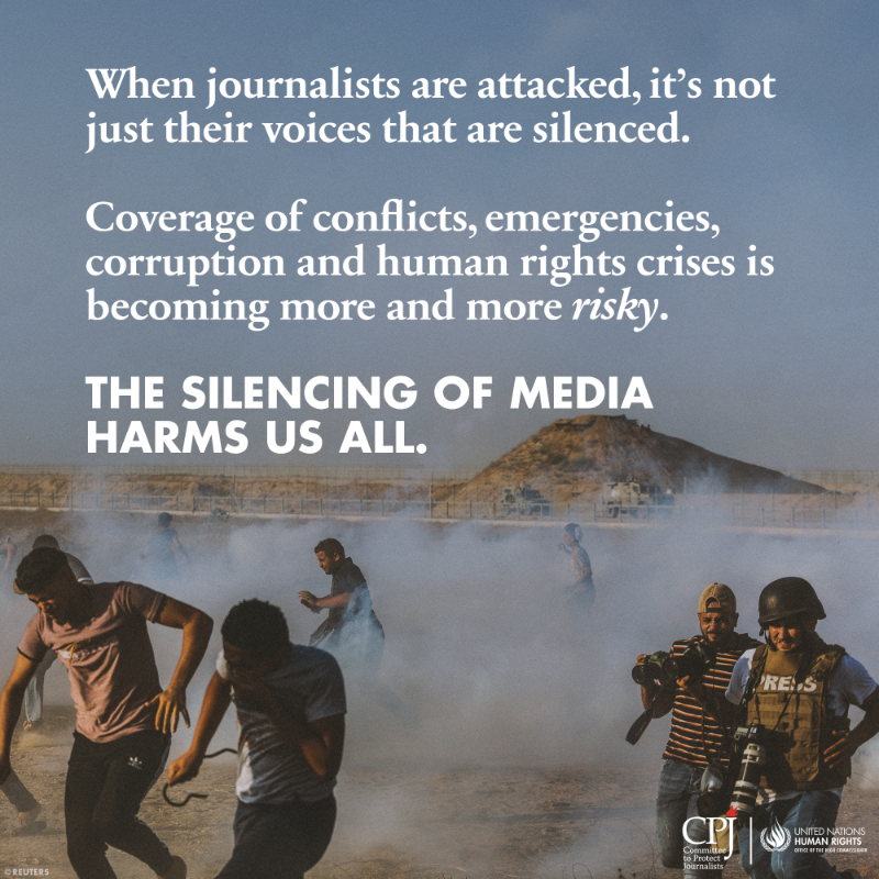 UNHumanRights's tweet photo. On Int'l Day to #EndImpunity for Crimes Against Journalists, OHCHR &amp; CPJ @pressfreedom call for stronger laws, accountability and support systems to protect #pressfreedom. 

We must stand with those who risk it all to report the truth.

#ProtectJournalists