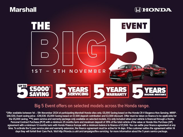 MarshallHonda's tweet photo. Join us at the BIG 5 Marshall #Honda SUV Event from Friday 1st - Tuesday 5th November.
 
During our event, you can take advantage of our BIG 5 event offers on selected offers across the Honda range.
 
Book your place today > https://t.co/N7KuxmGB0h https://t.co/QUqp7EdI89