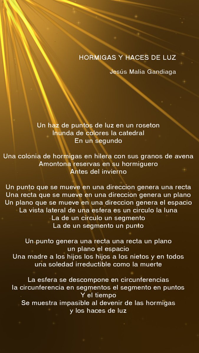 Bctuab's tweet photo. Un punt. Una recta. Un pla. Un espai.
Tots en la mateixa direcció.
Però el temps, ai, el temps!

El matemàtic i poeta Jesús Malia a voltes amb les formigues i els feixos de llum.

#CiènciaiPoesia @lauramorron @CristinaSopena1 @JesusMaliaPoeta https://t.co/YQOOr5EUoX