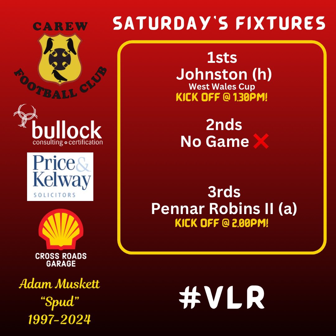 Today’s fixtures ⚽️ 1sts in West Wales Cup action, no game for the 2nds &amp; an away trip for the 3rds! Good luck lads! 🔴⚫️🟡 #VLR