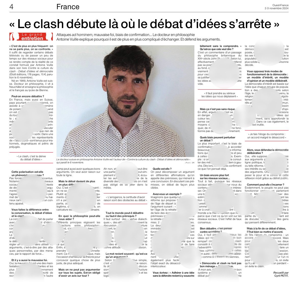 « Le clash, c’est la dérive du débat d’idées », explique le docteur en philosophie Antoine Vuille. 

Attaques ad hominem, mauvaise foi, biais de confirmation… : difficile d’échanger. Or, la mécanique de l’argumentaire est indispensable à la démocratie.

ouest-france.fr/politique/entr…