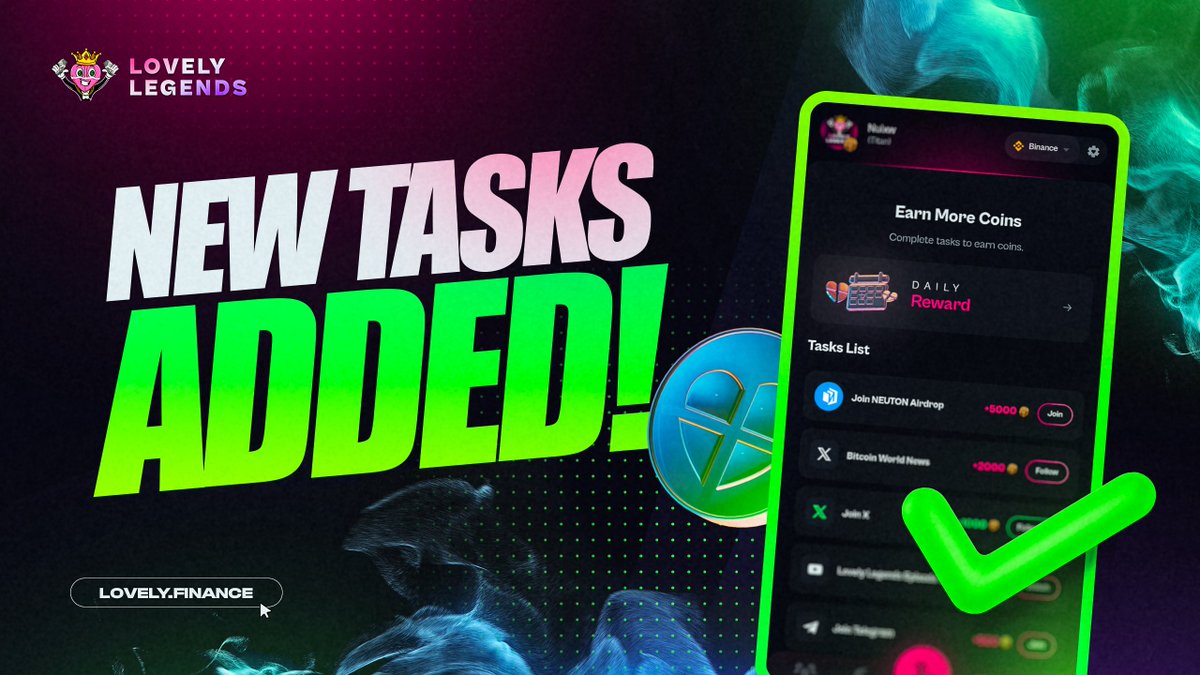 New Tasks are Added! 

Hurry Up 🔝
Claim: 5000+ $LOVELY 

Limited Time 48 Hours Only! 

🤟🤟🤟🤟🤟🤟🤟🤟🤟
👉👉 Play Now: t.me/lovelylegends_…

“The Biggest Committed Airdrop in the History”