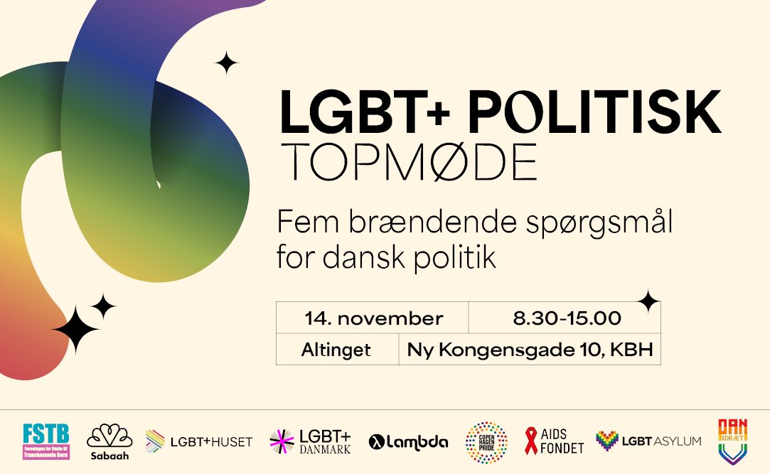 Alle med interesse for LGBT+ politik bør lægge vejen forbi Altingets gård den 14. november. Fem brændende spørgsmål. Paneler. Morgen talk. Frokost debat. Kom 🏳️‍🌈 lgbt.dk/politisk-topmo…