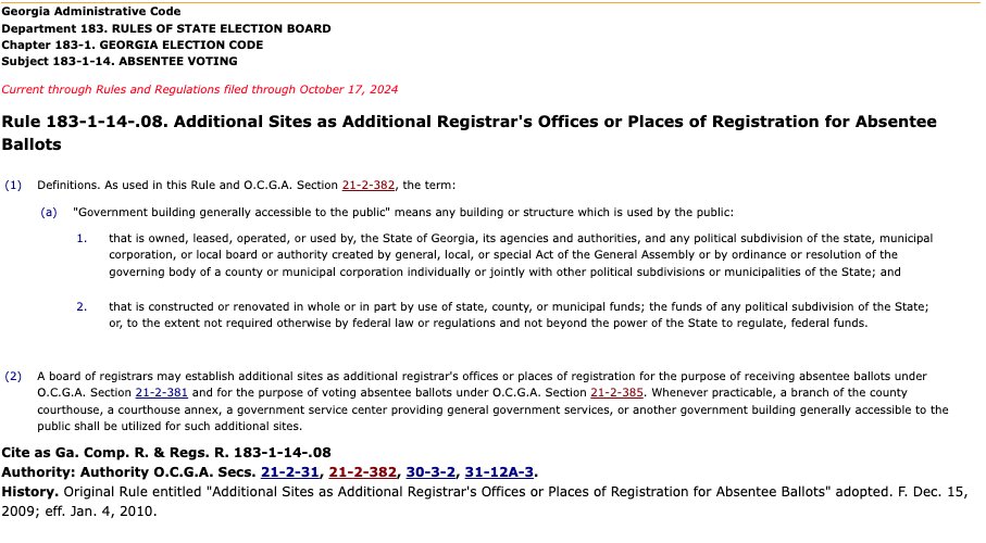 stephen fowler (@stphnfwlr) on Twitter photo Georgia State Election Board rules state:
"A board of registrars may establish additional sites as additional registrar's offices or places of registration for the purpose of receiving absentee ballots under O.C.G.A. Section 21-2-381."
rules.sos.ga.gov/GAC/183-1-14-.⦠Georgia State Election Board rules state:
"A board of registrars may establish additional sites as additional registrar's offices or places of registration for the purpose of receiving absentee ballots under O.C.G.A. Section 21-2-381."
rules.sos.ga.gov/GAC/183-1-14-.ā¦