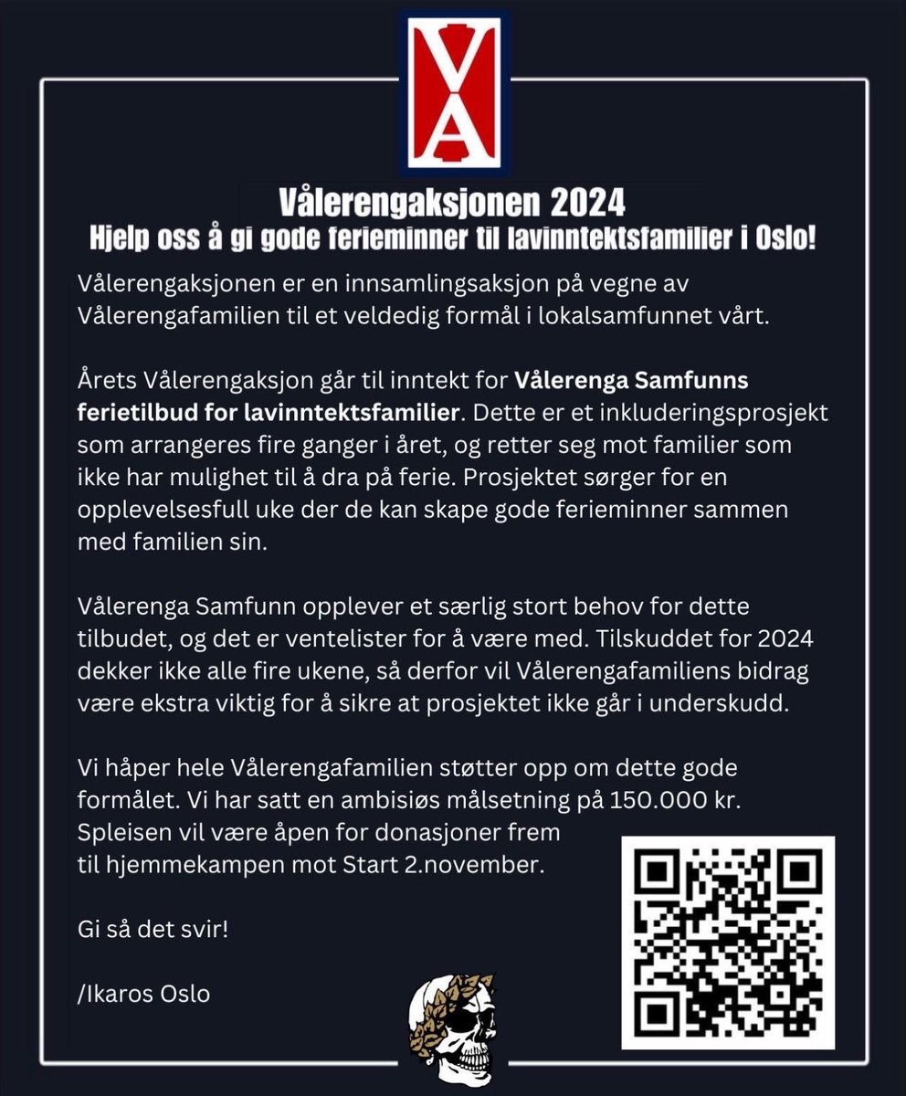 I dag avsluttes Vålerengaksjonen. 
Bidragene hittil er fantastiske, men vi skulle ønske målet var nærmere. 
Om alle som møter på stadion i dag vippser 10kr hver så er vi der! Det klarer vi vel?
Gi så det svir! 
Det er VI som er Vål’enga 🫶
spleis.no/project/390355