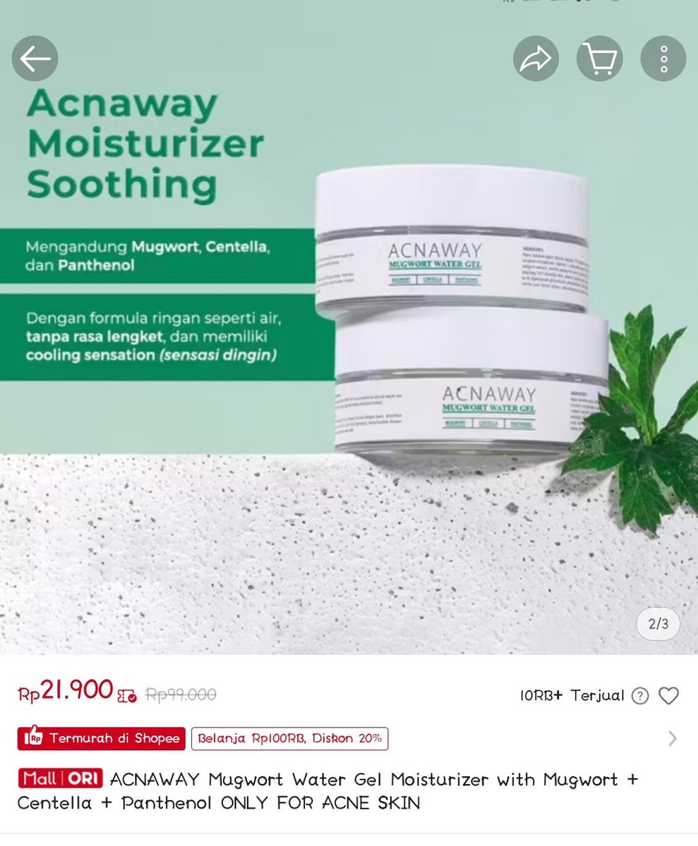 ACNAWAY Mugwort Water Gel Moisturizer with Mugwort + Centella + Panthenol ONLY FOR ACNE SKIN dengan harga Rp22.900. 
 s.shopee.co.id/9KQWJXCUcx