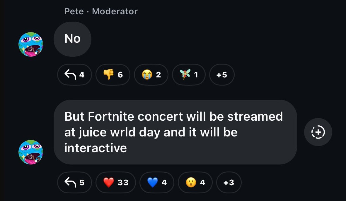 Juice WRLD's manager has confirmed that the live event taking place at the end of this season will again feature a concert 👀

The event also seems to be "interactive" in some way. After this event, we'll go straight to Fortnite Chapter 6!

(via <a href="/x2bucky/">Bucky</a> &amp; <a href="/SpushFNBR/">SpushFNBR</a>)