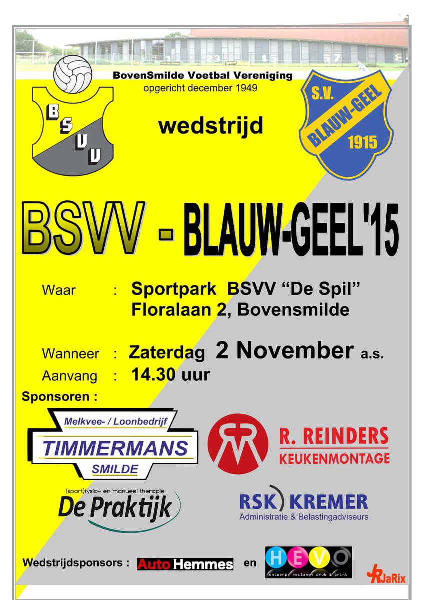 Matchday ⚔️

⚫️🟡

📰 <a href="/BSVV1/">BSVV</a> - Blauw Geel ‘15
⚽️ Nr. 7 🆚 Nr. 11
📍 Bovensmilde 
🕝 14:30 uur
🏆 Competitie

#SamenZijnWijBSVV
#BSVVMeerDanEenClub