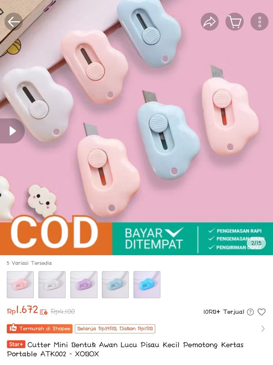 Cutter Mini Bentuk Awan Lucu Pisau Kecil Pemotong Kertas Portable ATK002 - XOBOX dengan harga Rp1.772. Dapatkan di Shopee sekarang! 
s.shopee.co.id/6V6KwZ41LN