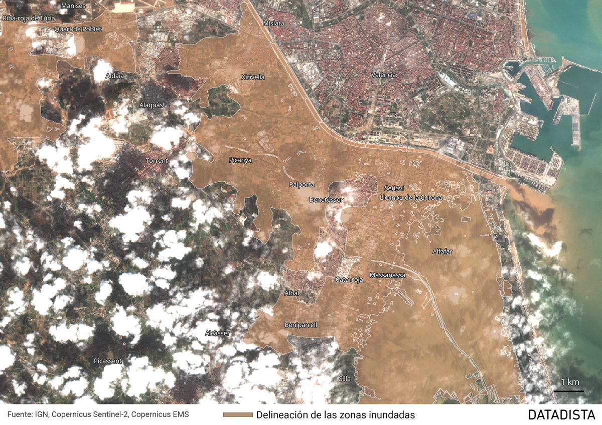 DATADISTA (@datadista) on Twitter photo NUEVO | Mapa que muestra la magnitud de las inundaciones en el cinturón sur de Valencia, la zona cero de la catástrofe.
Delimitación de las zonas inundadas por <a href="/CopernicusEMS/">Copernicus EMS</a> sobre la imagen captada por el satélite Sentinel-2 el pasado 30 de octubre. NUEVO | Mapa que muestra la magnitud de las inundaciones en el cinturón sur de Valencia, la zona cero de la catástrofe.
Delimitación de las zonas inundadas por <a href="/CopernicusEMS/">Copernicus EMS</a> sobre la imagen captada por el satélite Sentinel-2 el pasado 30 de octubre.