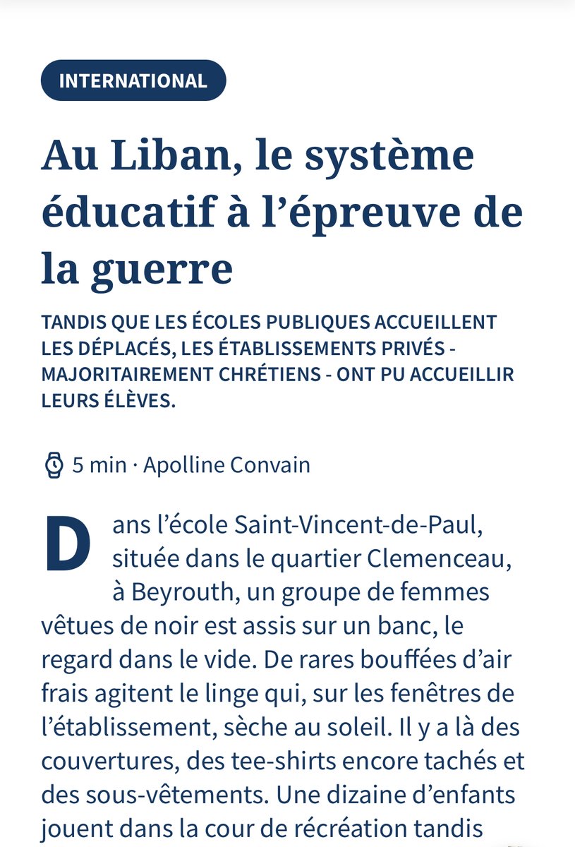 apollineconvain's tweet photo. Dans @Le_Figaro de ce samedi 2 novembre (en page 10) et en ligne sur https://t.co/hdPkNxBdVI, retrouvez mon reportage au Liban sur les tensions communautaires autour de la rentrée des classes, alors que le pays est toujours plongé dans la guerre. https://t.co/NivCi5GKn1