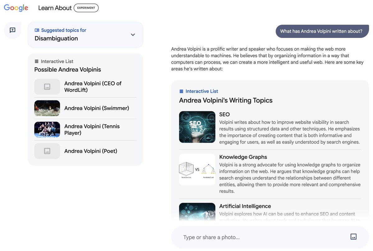 cyberandy's tweet photo. Google's investment in entity disambiguation puts it ahead in the search game, allowing for more precise, context-driven conversations around. This focus on understanding entities transforms search into a more intuitive experience. Check out https://t.co/60Tq1Wrtax vs SearchGPT https://t.co/wCBR2Q97l9