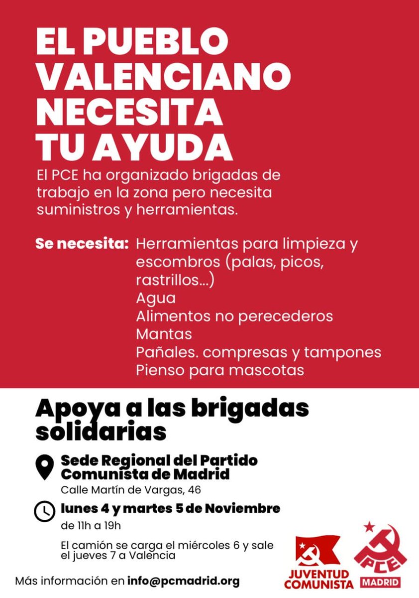 Se necesita.  

🛠 Herramientas (palas, rastrillos, etc.) 
🥡 Alimentos no perecederos
🧈 Mantas
🩲 Pañales, Tampones 
🚰 Agua 
🥮 Pienso

El material recogido debe llevarse a la sede de Martín de Vargas 46 (MADRID), antes del próximo miércoles 6 de noviembre. #TresCantos