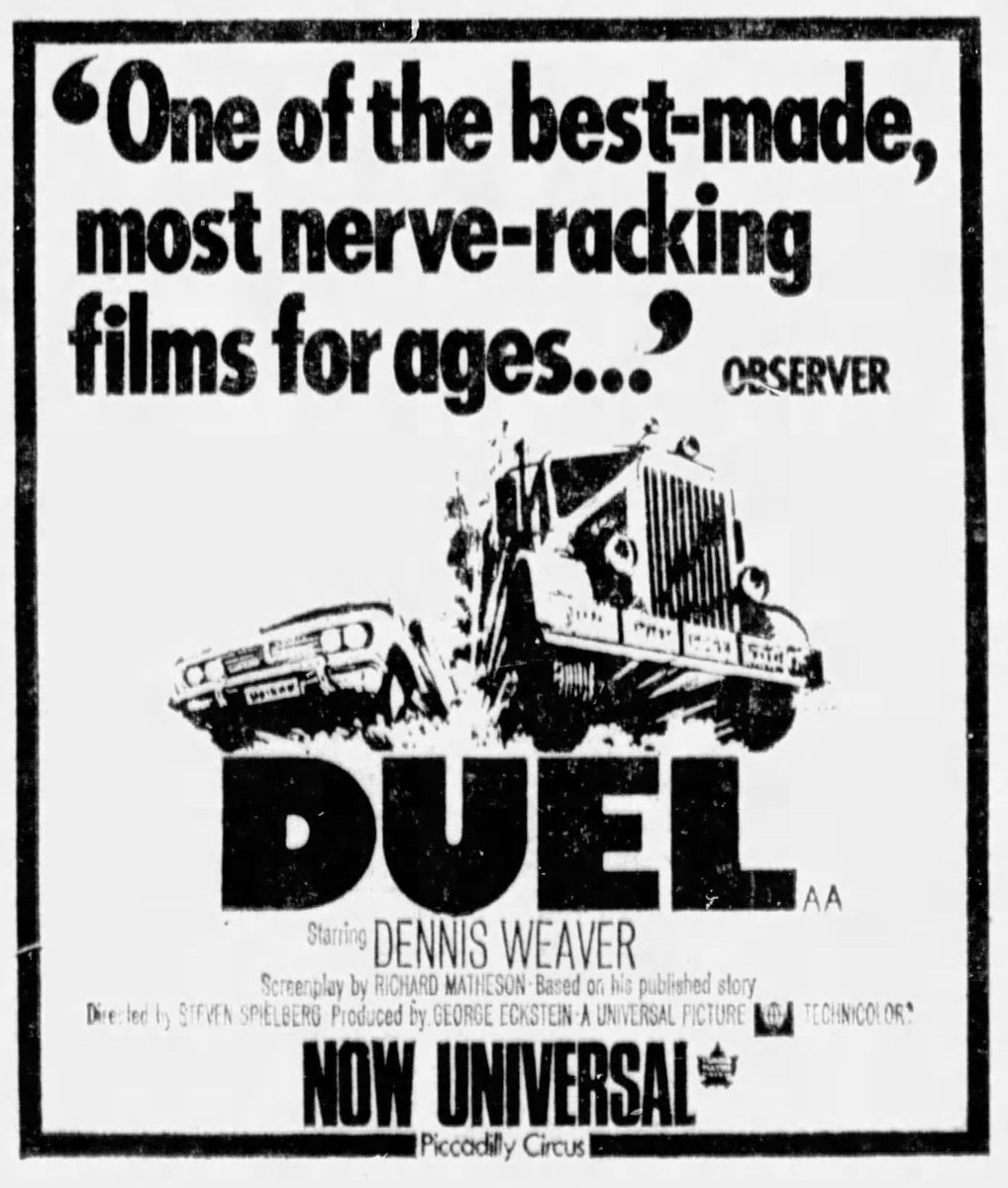 Mag1cH0ur's tweet photo. On this day November 2nd, 1972, Steven Spielberg's DUEL, starring Dennis Weaver, opened in London at the Universal.. https://t.co/8KNNUsJGiv