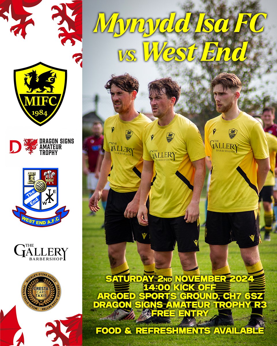FIRST TEAM ⚽

MIFC vs. <a href="/westend_afc/">WestendAFC</a>
📅 Saturday 2nd November 2024
⏰ 14:00 kick off
🏟️ Argoed Sports Ground, CH7 6SZ
🏆 Dragon Signs Amateur Trophy R3

Cup football down at the Argoed as we welcome a Tier 4 Swansea based outfit for the very first time! #uptheisa 🟡⚫