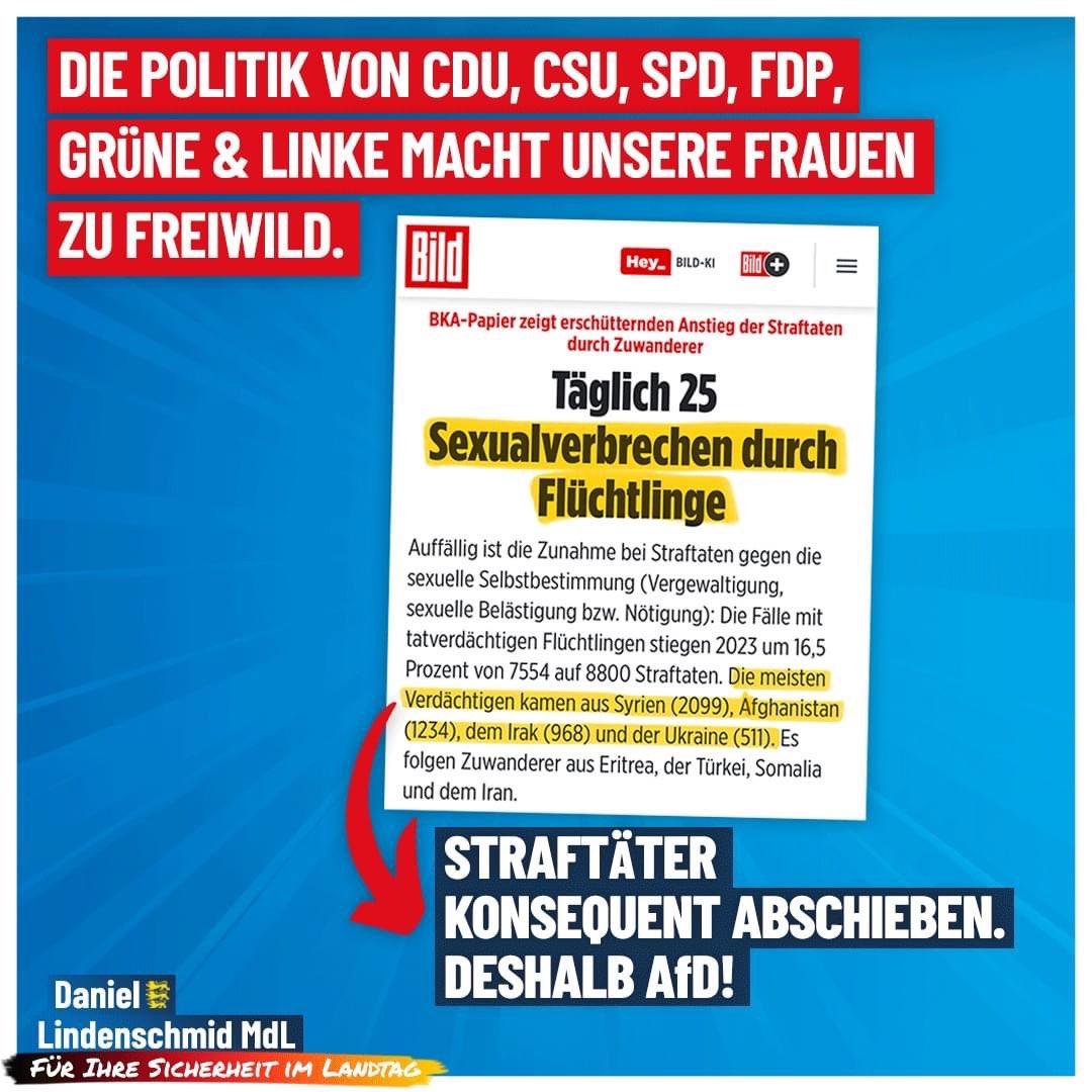 Der öffentliche Raum ist insbesondere für Frauen so unsicher wie niemals zuvor. Für diese Zustände trägt nicht nur die #Ampel die Verantwortung, sondern auch #CDU und #CSU, die 2015 ff unter #Merkel der illegalen Massenmigration in unser Land Tür und Tor öffneten.