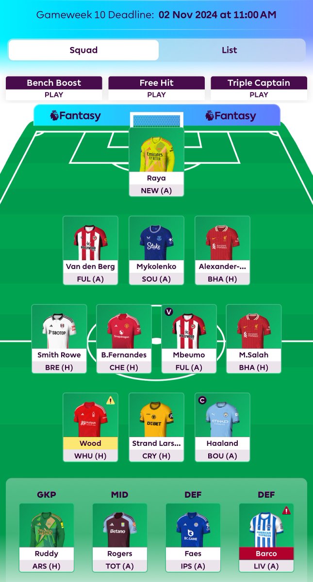 FPL_Lemur's tweet photo. GameWeek 10 team reveal and Goldenboi captaincy choice 🐕 🚨 

Son transferred out this GW with price likely dropping soon, Bruno comes in 🤝 

Wood, Bruno, Salah and Haaland to choose from for Goldenboi this week and he’s gone for….Haaland 🤖 

#HereWeGoAgain https://t.co/htoWiKOkSo