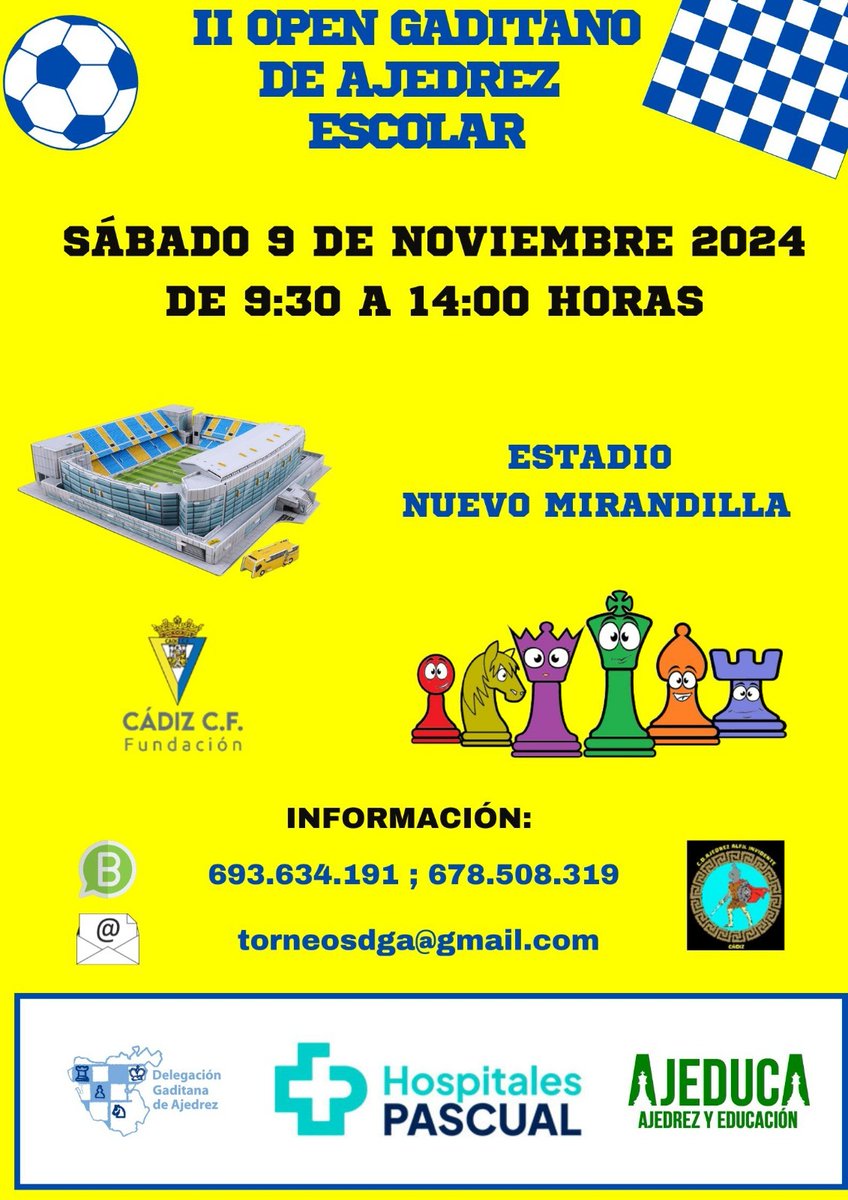 AInvidente's tweet photo. El próximo día 9 de noviembre organizamos el II Open gaditano de ajedrez escolar, en los palcos del estadio nuevo Mirandilla del Cádiz C. F. Este torneo es para menores de 16 años. Contacto: Antonio Quintero, móvil: +34 678195145, e-mail: alfilinvidente@gmail.com. https://t.co/N5mU8Tf8zZ