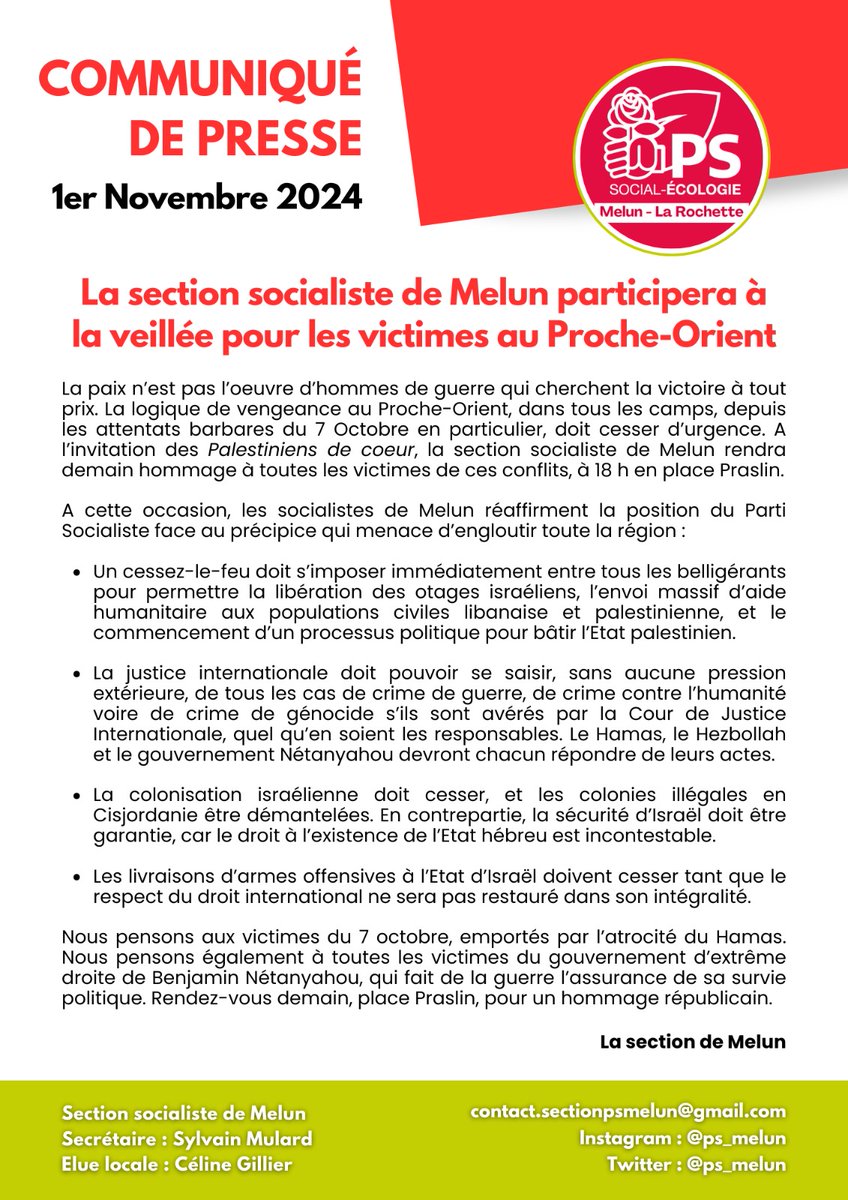 📍 En hommage aux victimes du conflit au Proche-Orient, la section socialiste de Melun invite à un rassemblement organisé par les Palestiniens de coeur. 🌹 Notre communiqué, signé par notre élue <a href="/GILLIERCline1/">GILLIER Céline</a> 👇🏻 
#Israel #Palestine #ProcheOrient #Paix #Hommage