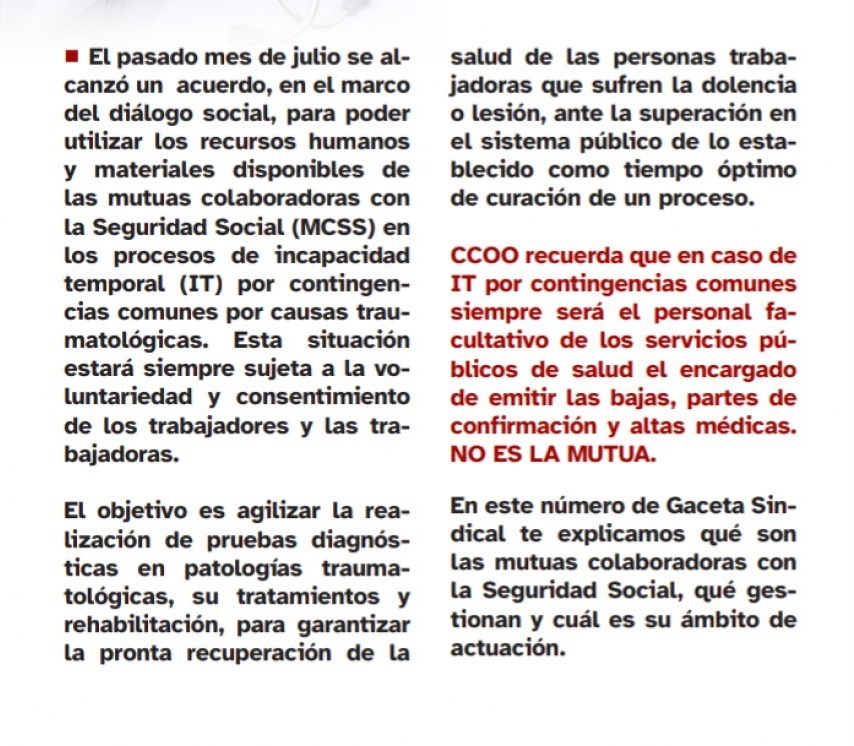 Acuerdo para utilizar los recursos de las mutuas colaboradoras con la Seguridad Social ( MCSS ). Enlace a la noticia completa.
ccoo.es/232729e858ae49…
<a href="/CCOO/">Comisiones Obreras</a> <a href="/Industria_CCOO/">CCOO de Industria #PactoIndustriaYA</a> <a href="/ccoocatalunya/">CCOO de Catalunya</a> <a href="/FICCOOCat/">CCOO Indústria Catalunya</a> <a href="/Industvormaros/">CCOO Indust Vormaros</a> <a href="/ccoovormaros/">CCOO VORMAROS | ☎️933 100 000 💻consulta.ccoo.cat</a> <a href="/CCOORM/">CCOO Región Murcia</a> <a href="/CCOOINDUSTRIARM/">CCOO INDUSTRIA REGION MURCIA</a> <a href="/CCOOeuskadi/">CCOO de Euskadi</a>