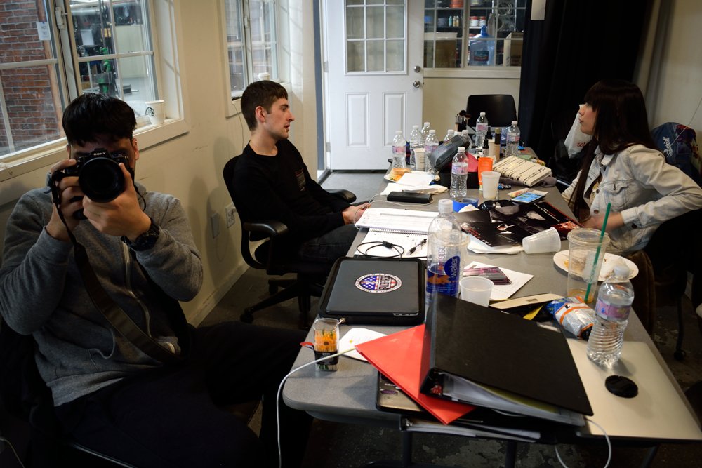 TableFilm's tweet image. #OTD 5 years ago: Nicholas Mariano ("Adam"), Majdolene Abualfaraj ("Jennifer") and Martin Chang ("Todd") hang out in the green room while the next shot is being set up during Day 2 of filming for #TheBrokenTable at The L.A. Film School.