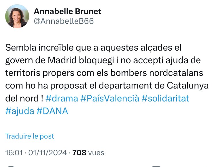 JuliaTaurinya's tweet photo. Solidaritat des de Catalunya Nord. Sem a més de 500 km de la zona sinistrada, separats per dues fronteres (estatal i autonòmica) però el que passa ens afecta simplement perquè és el mateix país. Els moments forts, drames o alegries, tornen a dibuixar els Països Catalans. https://t.co/umlObpbKRq
