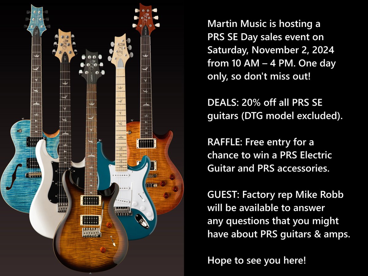 MartinMusicTN's tweet photo. Don't forget. Today is PRS SE Day here at Martin Music! 20% off all PRS SE guitars (DGT excluded). Raffle for a chance to win a PRS SE NF3. Hang out with factory rep Mike Robb and throw any PRS related questions his way. Today only! https://t.co/xHFRK5JXuF