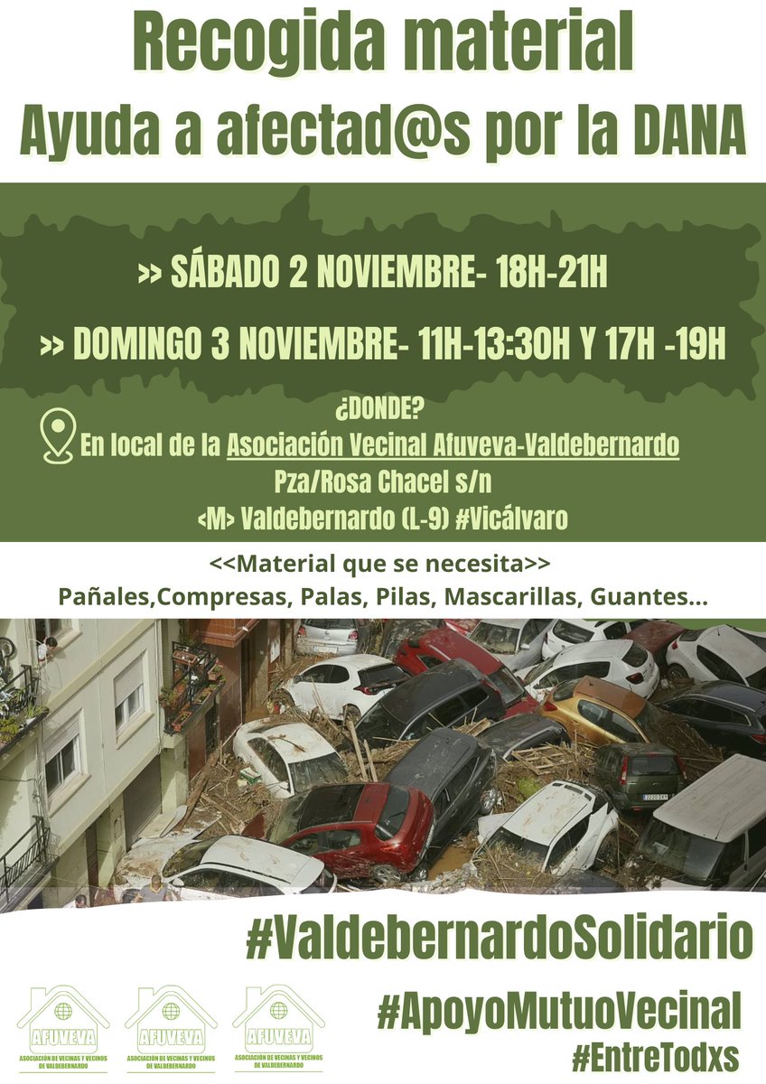 ▶️ Recogida Solidaria Vecinal Ayuda afectad@s por la DANA
▶️ Sábado y Domingo 2 y 3 Noviembre
▶️En la <a href="/Afuveva/">AFUVEVA</a> (Pza Rosa Chacel valdebernardo)
▶️ Material q se necesita👇👇
Pañales,Compresas,Palas,Pilas,Mascarillas,Guantes...
#ValdebernardoSolidario #SolidaridadVecinal #Vicálvaro