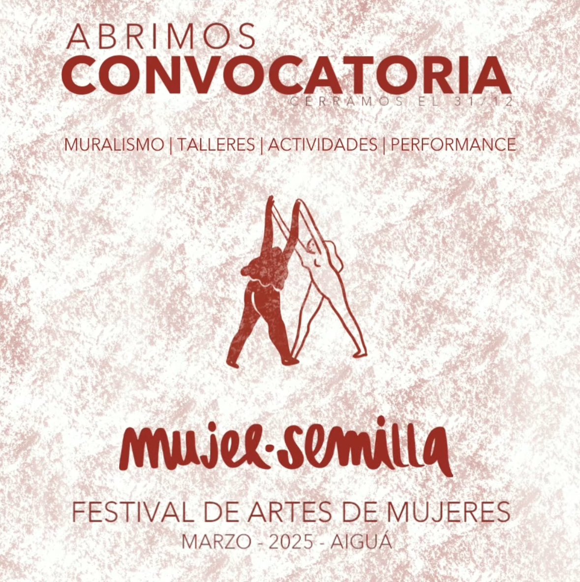El festival de Aiguá “MUJER SEMILLA” está buscando propuestas de: muralismo, performances, talleres y otras actividades para integrar a su grilla de la próxima edición en marzo 2025.

Las bases las encuentran aquí: n9.cl/mujersemilla4

#Mujeres #ArteUrbano #Streetart