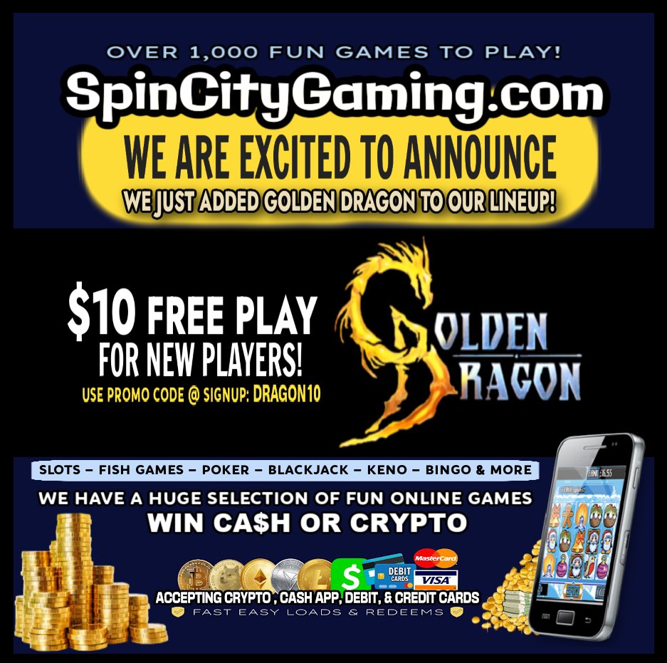 SpinCityGaming.com is giving all new accounts $10 in redeemable FREE PLAY to try out our new Golden Dragon game platform. (No purchase necessary) We are also offering 100% Match Play as well on your first deposit. Sign up now and WIN BIG! 🔥 

✔️$10 FREE PLAY for new players