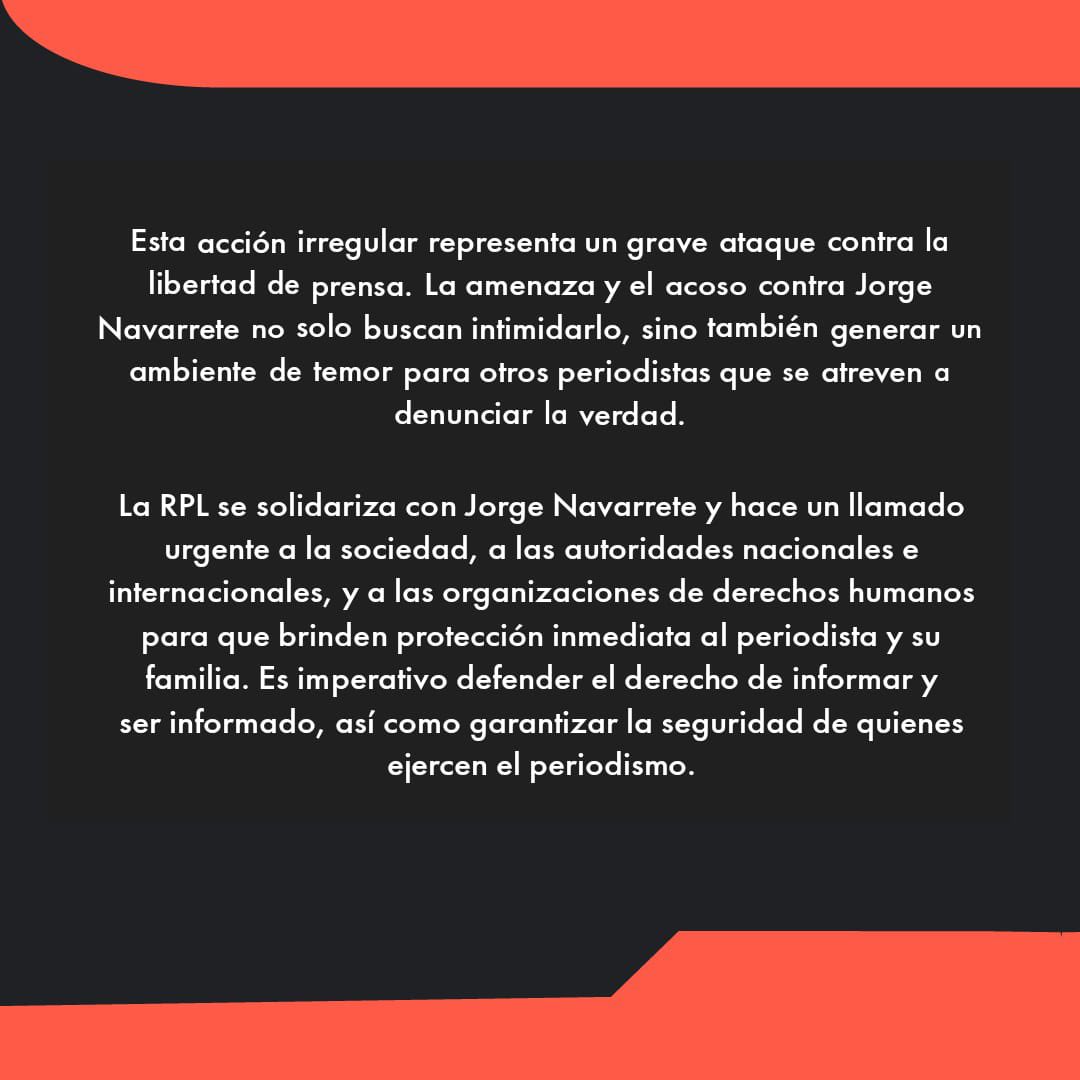 RPLEC's tweet photo. 🚨La #RPL alerta sobre las graves amenazas al periodista de @LaPosta_Ecu, #JorgeNavarrete.
#LibertadeExpresión #Amenza #Ecuador #LaPosta https://t.co/CNq6ysPdJo