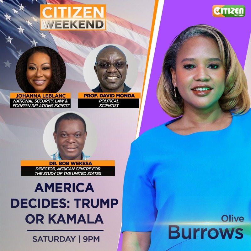 Citizen TV Kenya (@citizentvkenya) on Twitter photo Which way will the pendulum swing? Trump or Kamala? And what will the outcome of the US election mean for Kenya's mission to Haiti, travel to the US & Israel's offensive in the Middle East? <a href="/iamjohanna/">Johanna Leblanc,J.D., LL.M.⚖️</a> <a href="/dmonda1/">Prof. David Monda, City University of New York</a> <a href="/BobWekesa/">Job Bob Wekesa</a> lend their expertise on #CitizenWeekend tonight with Which way will the pendulum swing? Trump or Kamala? And what will the outcome of the US election mean for Kenya's mission to Haiti, travel to the US & Israel's offensive in the Middle East? <a href="/iamjohanna/">Johanna Leblanc,J.D., LL.M.⚖️</a> <a href="/dmonda1/">Prof. David Monda, City University of New York</a> <a href="/BobWekesa/">Job Bob Wekesa</a> lend their expertise on #CitizenWeekend tonight with