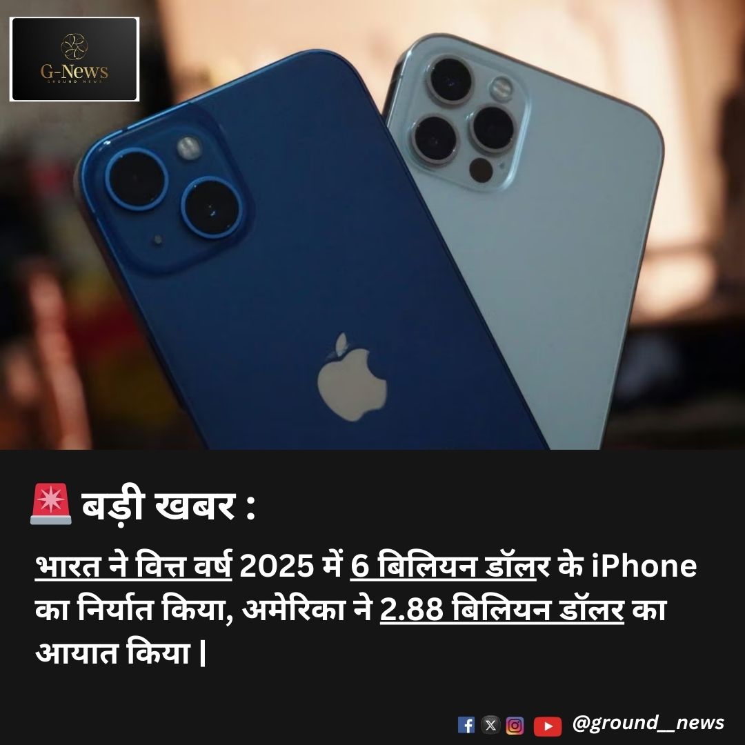 ground__news's tweet photo. 🚨 बड़ी खबर: भारत ने वित्त वर्ष 2025 के पहले छह महीनों में 6 बिलियन डॉलर के iPhone निर्यात किए, जिसमें अकेले अमेरिका ने 2.88 बिलियन डॉलर का आयात किया है यह भारत की तकनीकी क्षमता और वैश्विक बाजार में बढ़ती मांग का संकेत है |
#IndiaExports #MakeInIndia #iPhoneMadeInIndia #TechGrow https://t.co/nosHfJCUgt