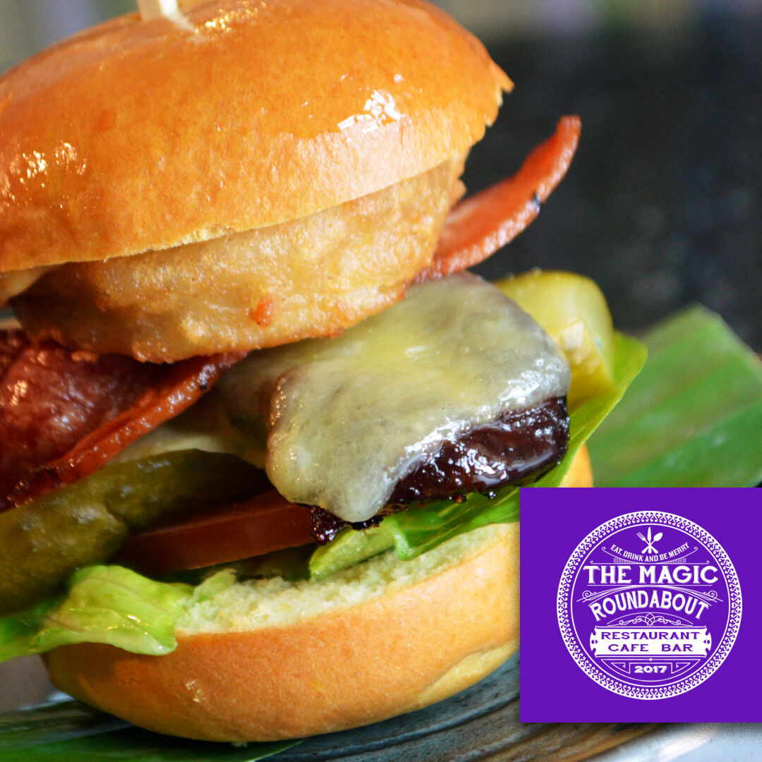 MagicBowness's tweet photo. Got a craving for a burger? We've got your covered, our magic bacon cheese burger hits the spot - 2x minced cumbrian steak patties, brioche bun, streaky cured bacon, cheddar cheese, mac sauce, pickle, onion rings, coleslaw &amp; skinny fries - try and resist, we dare you! https://t.co/54MW2QsjN1